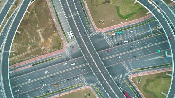 Top View to the Cars Driving on Multilevel Highway on the Sunset