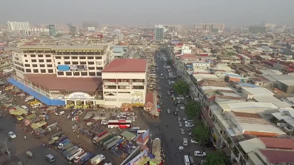 Aerial view of crowded building neighborhood, Phnom Penh, Cambodia.