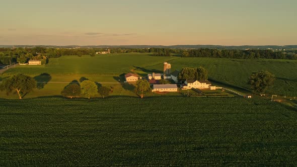 Aerial View of Amish Farms and Fields During the Golden Hour on a Late Summer Afternoon