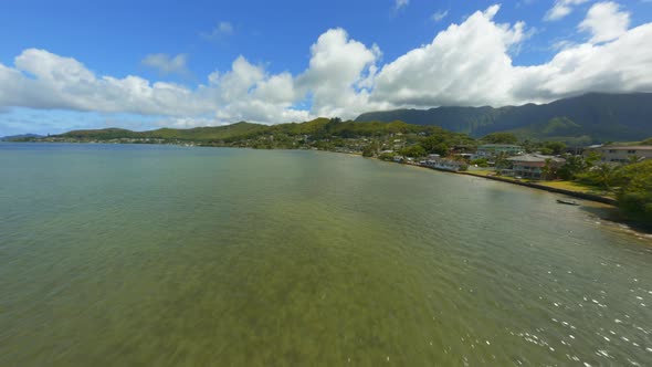 Sparkling Shores, FPV Drone Flying Over Glittery Oahu Shore at Kaneohe Bay