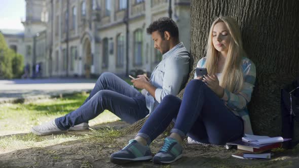 Male, Female Strangers Sitting Under Tree, Looking at Each Other Alternately