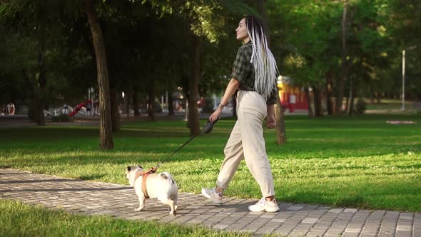 Purebred Pug Running in the Park with Dreadlocks Female Owner Leading the Leash in Summer