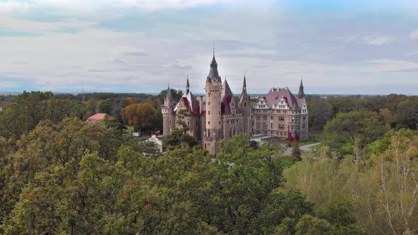 Aerial view historic castle in Moszna near Opole, Silesia, Poland. Built in XVII century,  One of th