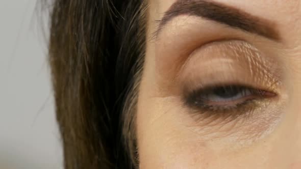 Close View of Blue Eye of Middleaged Adult Woman with Beautiful Makeup in a Beauty Salon