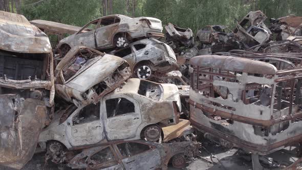 War in Ukraine a Dump of Burned Cars in Irpin Bucha District