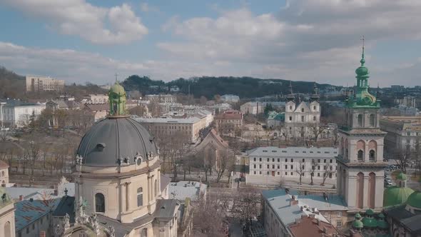 Aerial City Lviv, Ukraine. European City. Popular Areas of the City. Dominican