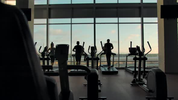 Three Unrecognizable People Running on Treadmills in an Empty Gym