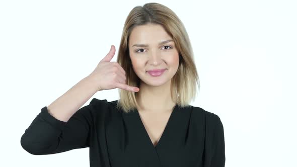 Call me Gesture by Young Woman, White Background