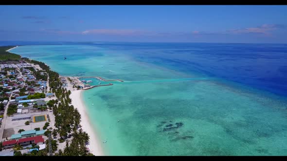 Aerial scenery of exotic island beach voyage by aqua blue water and white sand background of journey