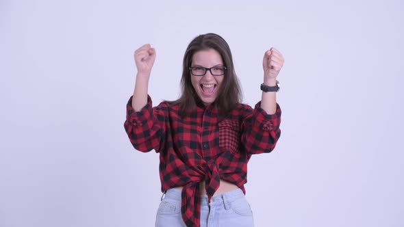 Happy Young Beautiful Hipster Woman Getting Good News