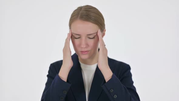 Young Businesswoman Having Headache on White Background