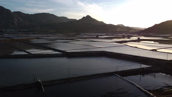 Drone flight in salt fields. Salt extraction. Phan Rang, Vietnam, Ninh Thuan province.