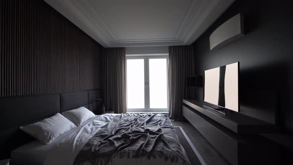 Real Modern Bedroom in Dark Tones with Double Bed Curtains and Large TV Set