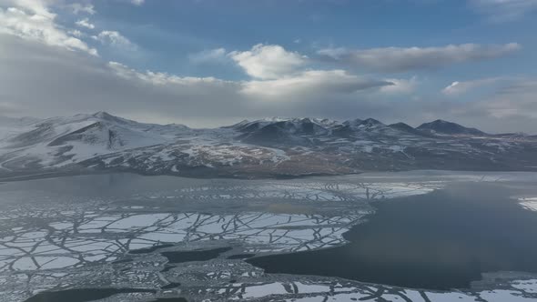 Aerial view of frozen Lake Paravani. The largest lake in Georgia