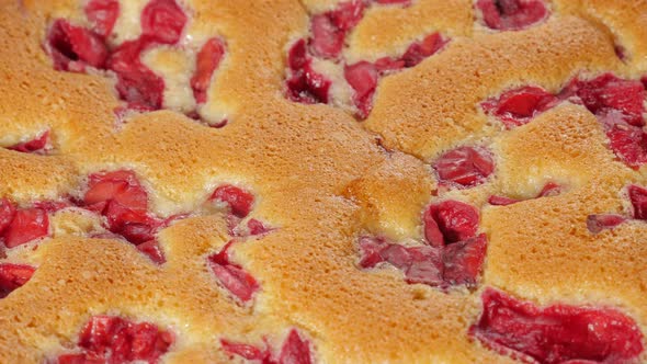Sour cherry cake close-up panning 4K 2160p UHD footage - Tasty sponge cherry cake half-finished take