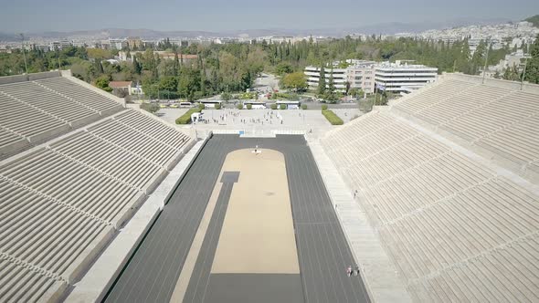 Aerial view of the Panathenaic, Kallimarmaro Stadium and the city skyline.