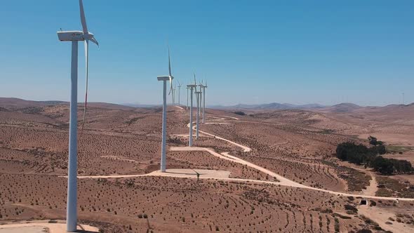 Sideview of Eolic turbines in Region de Coquimbo, Chile