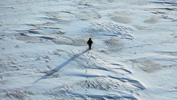 Aerial View of a Man with a Backpack Walking By the Tundra