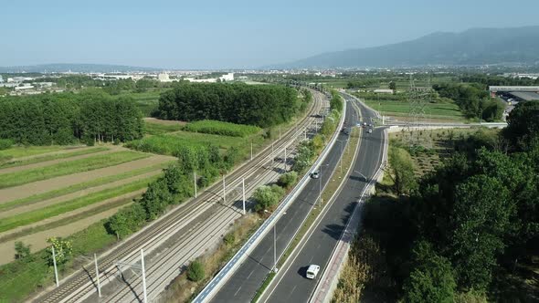 Aerial View of The Road And Railroad With Greenery