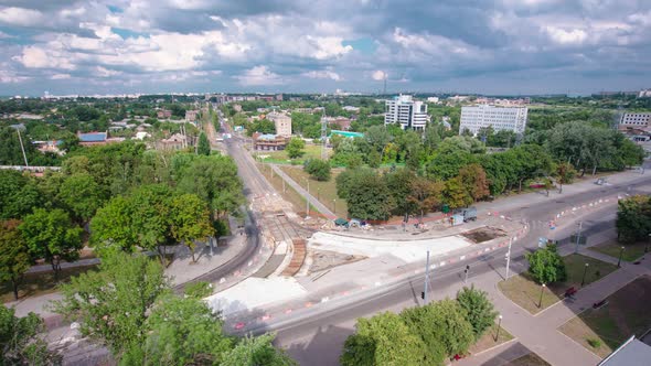 Road Construction Site with Tram Tracks Repair and Maintenance Aerial Timelapse