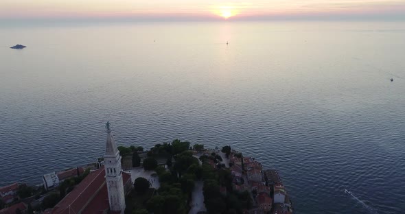 Aerial view of Rovinj town at sunset, Istria, Croatia.