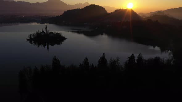 Bled Lake and Marijinega Vnebovzetja Church at Sunrise