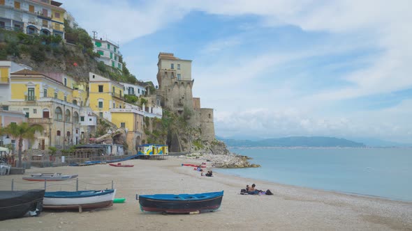 Time lapse video with panning effect of the beach of the old village of Cetara.