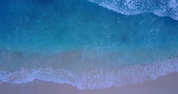 Wide flying copy space shot of a sunshine white sandy paradise beach and aqua blue ocean background 