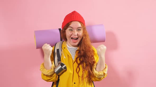 Cheerful Funny Crazy Backpacker Woman Celebrating Successful Holiday, Travel