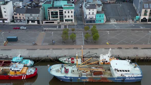 Aerial view over the Wexford harbor and city street