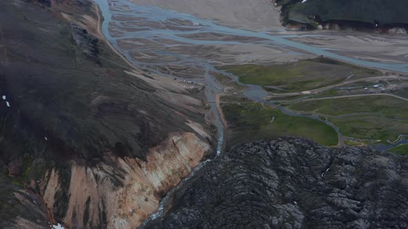 Aerial View of Thorsmork Glacier Valley with Krossa River Flowing in Iceland Highlands