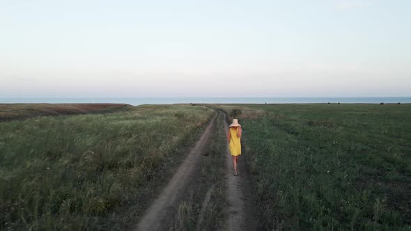 Woman in a Yellow Dress and a Straw Hat Walks Through a Field and a Dirt Road