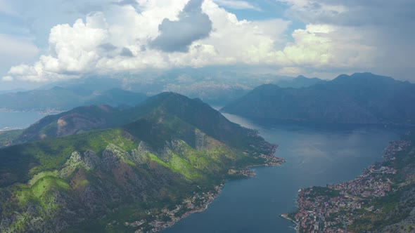 Aerial Panoramic View to Kotor City and Boka Kotor Bay Montenegro