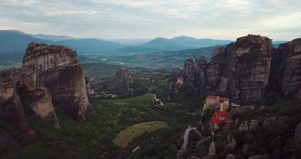 Aerial View Of The Mountains And Meteora Monasteries In Greece