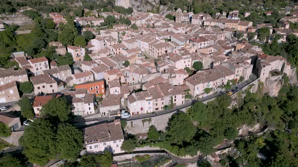 Drone over Moustiers-Sainte-Marie village near Verdon Gorge in Provence, France