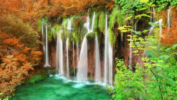 Cinemagraph video of waterfall landscape in Plitvice Lakes Croatia in autumn