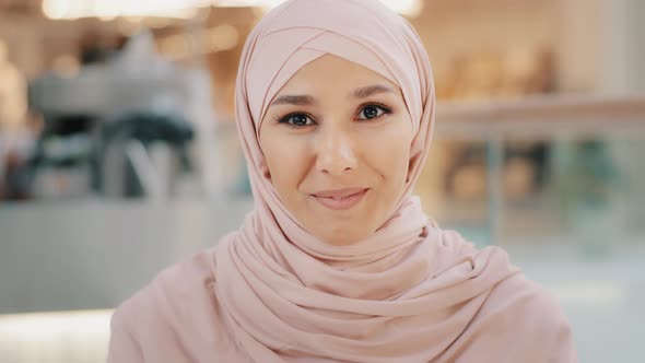 Webcam View Young Arab Muslim Woman in Hijab Speaks Looking at Camera Smiling Girl Talking on Cam