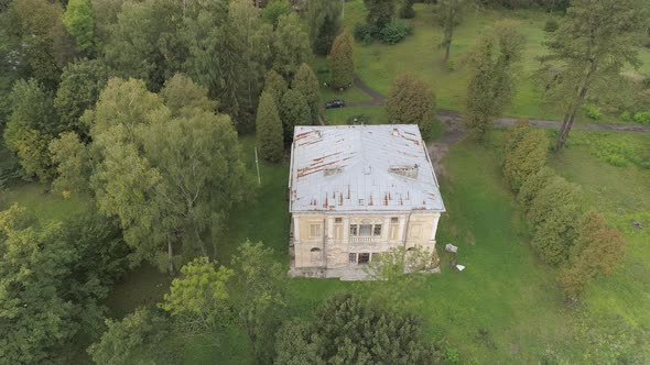 Aerial of an abandoned mansion 