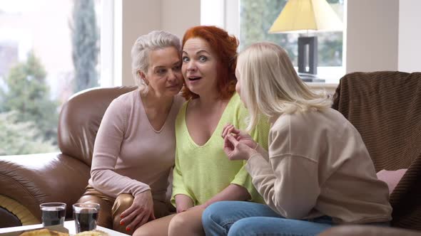 Surprised Excited Caucasian Woman Sitting at Home with Friends Sharing Rumors Talking