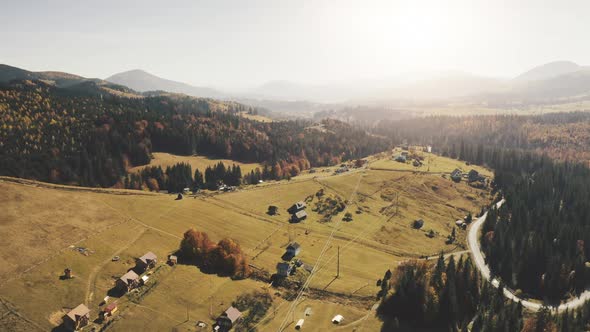 Autumn Mountain Village Landscape Aerial