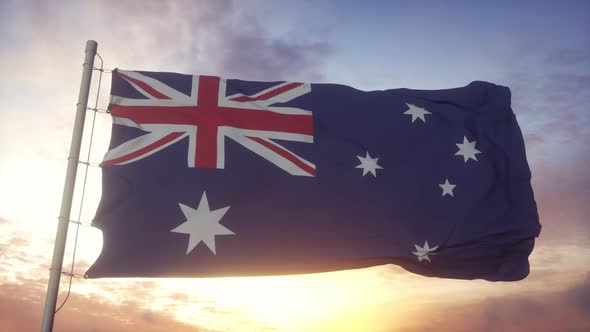 Australia Flag Waving in the Wind Against Deep Beautiful Sky