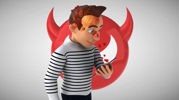 Fun 3D cartoon man walking with a phone and the dangers of social media