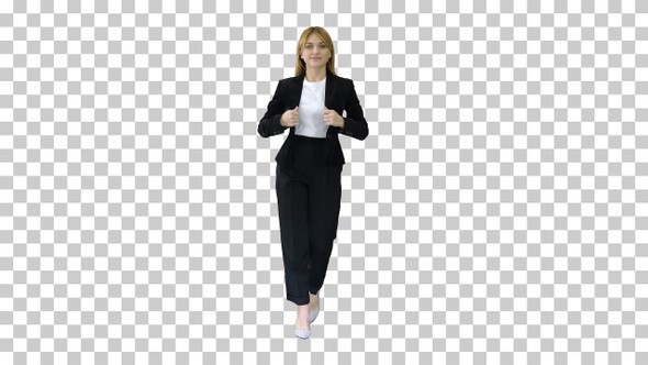 Blonde business woman walking and touching her hair, Alpha Channel