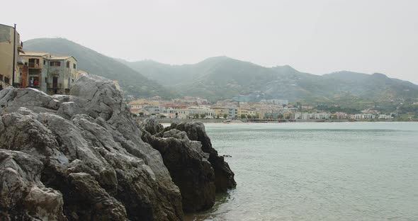 Cefalu, Italy-27 07 2021: embankment of the city of Cefalu on island of Sicily