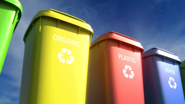 Multi-colored Plastic Garbage Bins with Waste Type Labels and Recycle Logos alt