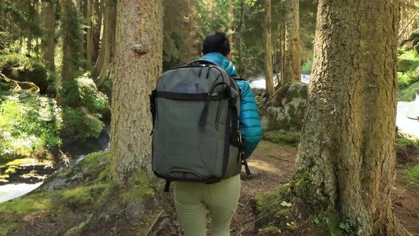 Hiking Woman Walk with a Hiking Backpack in Spring Green Forest