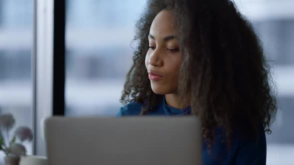 African American Ceo Woman Enjoy Working Laptop Drink Morning Coffee in Office