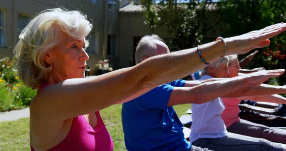 Side view of active mixed-race senior people performing yoga in the garden of nursing home 4k