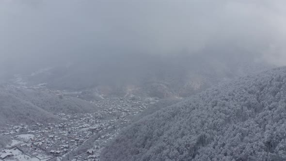 Panoramic Aerial Fpv View Landscape Wilderness Frost Environment Dense Winter Forest Countryside