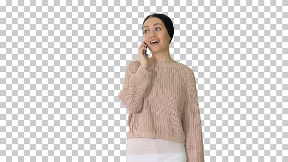 Smiling young woman talking on the phone, Alpha Channel